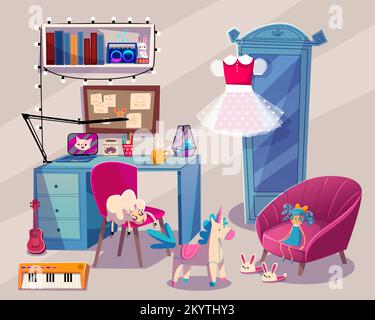 Intérieur de la chambre pour filles avec armoire, chaise et table. Jolie chambre à coucher avec ordinateur portable sur le bureau, livres sur la coquille, robe accrochée sur placard, jouets et musique je Illustration de Vecteur