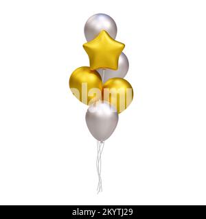 Bouquet de ballons réalistes d'or et d'argent 3D. Décoration d'illustration vectorielle pour cartes, fêtes, dessins, prospectus, affiches, bannière, web, publicité Illustration de Vecteur