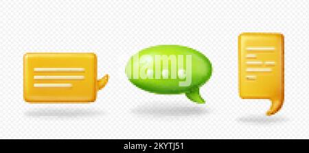 Ensemble de 3D bulles de parole isolées sur fond transparent. Illustration vectorielle des nuages de messages de chat rectangulaires et ronds jaune et vert. Commun Illustration de Vecteur