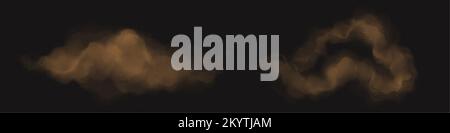 Nuages de poussière bruns avec des particules de sable et de saleté isolées sur fond noir. Texture des éclaboussures et des écoulements de poudre. Éclaboussures de fumée et de poussière abstraites, Illustration de Vecteur