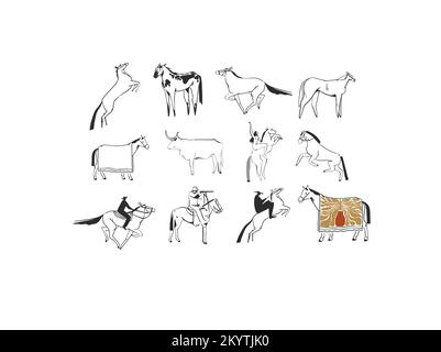 Dessin à la main abstrait vecteur graphique clipart illustration boho Country chevaux course collection set.Wild Western design.Boho Wild West art contemporain Illustration de Vecteur