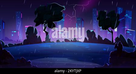 Orage de nuit avec pluie et foudre en ville avec parc et gratte-ciel. Paysage d'été avec silhouettes d'arbres sombres et maisons sur la ligne d'horizon dans St Illustration de Vecteur