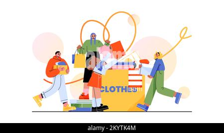 Don de vêtements, concept de charité. Les bénévoles apportent et collectent des vêtements dans une boîte en carton pour les pauvres, les sans-abri, les mendiants, les réfugiés. Seconde main c Illustration de Vecteur