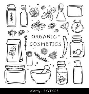 COSMÉTIQUES BIOLOGIQUES Monochrome dessin à la main pour le design et les Farmaceutics Vector Collection de plantes médicinales leurs éléments et paquets finis Illustration de Vecteur