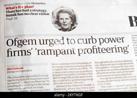 "Ofgem a exhorté à freiner les entreprises de pouvoir" "rampant profiteering" journal Guardian titre entreprise d'énergie bénéfices article 21 novembre 2022 Londres Royaume-Uni Grande-Bretagne Banque D'Images