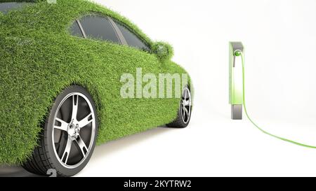 Concept de voiture écologique avec station de charge de véhicule électrique, voiture EV couverte d'herbe réaliste isolée sur blanc, vert parking, énergie propre, s Banque D'Images
