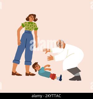 Médecin, mère, enfant et pédiatre. Accident soudain sur rendez-vous avec un médecin. Illustration vectorielle Illustration de Vecteur