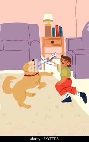 Le garçon jouant avec son chien dans le salon. Joyeux séjour en famille. Golden Retriever et l'enfant. Illustration vectorielle Illustration de Vecteur