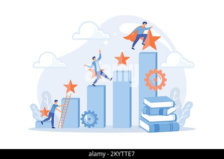 Les hommes d'affaires grimpent le graphique à colonnes de croissance. Développement de carrière et de personnalité, careerbuilder, concept de progrès de planification de carrière sur fond blanc. plat v Illustration de Vecteur