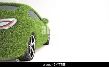 Concept de voiture écologique, voiture EV recouverte d'herbe réaliste isolée sur blanc, parking vert, énergie propre, parking durable, rendu 3D. Banque D'Images