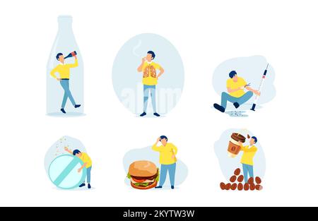 Vecteur d'un jeune homme avec de mauvaises habitudes alcoolisme, toxicomanie, tabagisme, caféemania, l'obésité de baguette de gluttony Illustration de Vecteur