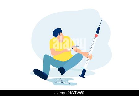 Notion de toxicomanie. Vecteur d'un homme avec une seringue de drogues injectables. Illustration de Vecteur