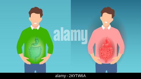 Vecteur d'un homme avec des douleurs du ventre et une douleur d'inflammation du tractus gastro-intestinal et d'un type avec des seins sains Illustration de Vecteur