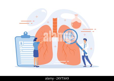 Médecin avec loupe regardant les bactéries dans les poumons. Tuberculose, mycobacterium tuberculosis et concept de la Journée mondiale de la tuberculose sur fond blanc. f Illustration de Vecteur