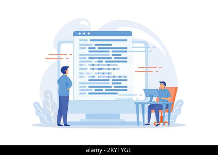 Codage et développement de sites Web. Assistance technique. Ingénierie de programmation. Codeur, développeur web, logiciel informatique. Programmeur caractère plat mâle. f Illustration de Vecteur