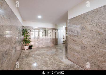 Portail d'une maison avec carrelage et sol en marbre, une plante dans un coin et un miroir sans cadre sur le mur Banque D'Images