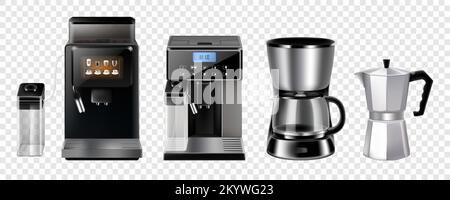 Machines à café, outils de préparation de café et de barista, ensemble Vector 3d Realistic.Cafetières et machines à café, cafetière expresso, cafetière à piston et filtre Illustration de Vecteur