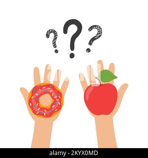 Les mains tiennent une pomme et un donut. Illustration du concept de choix entre une alimentation saine et une restauration rapide. Illustration de Vecteur