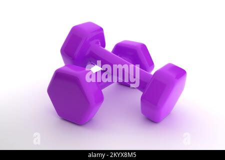 Métal et caoutchouc Purple Dumbbbbbbell paire équipement de gym sur fond blanc - 3D rendu d'illustration Banque D'Images