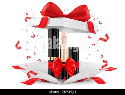 Rouge à lèvres ou brillant à lèvres de couleur à l'intérieur de la boîte cadeau ouverte, isolé sur fond blanc. Boîte cadeau blanche avec articles cosmétiques. Concept présent, cadeau, surprise. Illustration de Vecteur