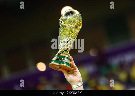 Lusail, Qatar. 02nd décembre 2022. Football, coupe du monde 2022 au Qatar, Cameroun - Brésil, tour préliminaire, Groupe G, jour du match 3, Au stade Lusail à Lusail, un fan du Brésil a remporté une réplique du trophée de la coupe du monde avant le match. Crédit : Tom Weller/dpa/Alay Live News Banque D'Images