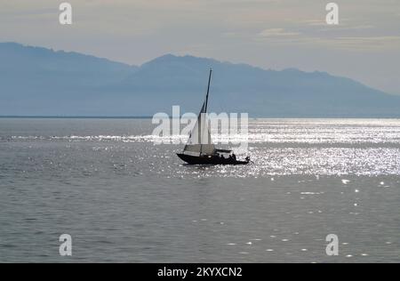 Paysage pittoresque avec un bateau à voile sur le lac de Constance au coucher du soleil sur l'île de Lindau avec les Alpes suisses brumeuses en arrière-plan le jour de septembre Banque D'Images