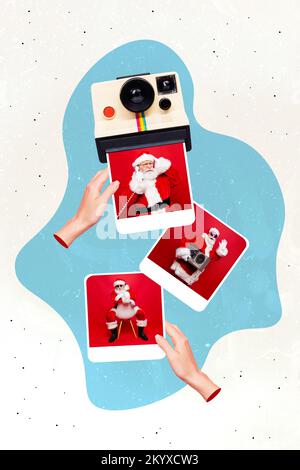 Collage vertical des mains tenir les cartes photo instantanées imprimées le père noël communiquer téléphone écouter de la musique isolée sur fond créatif Banque D'Images