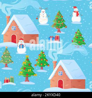 Maisons de ville enneigées de Noël dans le motif sans couture des arbres de noël. Chute de neige, bonhomme de neige dans le chapeau du père noël, cadeaux, fumée du chomney. Mignon Illustration de Vecteur
