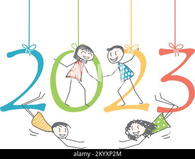 Les personnages des numéros de l'année 2023 célèbrent le souhait d'une nouvelle année heureuse Illustration de Vecteur