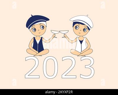 Les personnages des numéros de l'année 2023 célèbrent le souhait d'une nouvelle année heureuse Illustration de Vecteur
