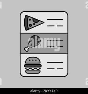 Icône de niveaux de gris vectoriels du menu des aliments en ligne. Affiche de livraison. Symbole graphique pour le site Web de cuisine et la conception d'applications, le logo, l'application, l'interface utilisateur Illustration de Vecteur