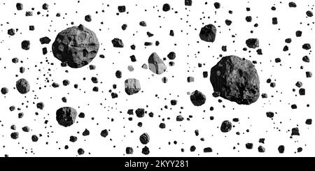 Ceinture d'astéroïde. Météorites. Rendu haute résolution 3D. Champ astéroïde isolé sur blanc pur. Essaim d'astéroïdes isolés sur fond blanc. Banque D'Images