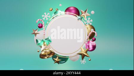 Image d'un cadre circulaire avec espace de copie et décoration de noël sur fond vert Banque D'Images