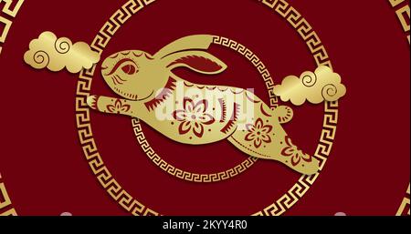 Image de lapin et de formes sur des cercles sur fond rouge Banque D'Images