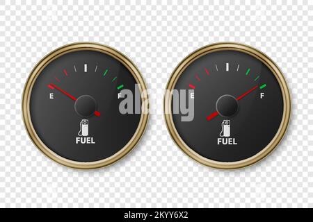 Vector 3D Realistic Golden Metallic Gas Fuel Tange, jeu de barres de niveau d'huile isolé. Plein et vide. Détails du tableau de bord du véhicule. Indicateur de carburant, compteur de gaz Illustration de Vecteur