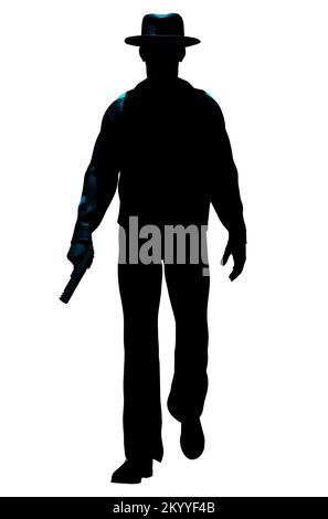 Le modèle 3D isolé illustre un détective ou un mobster masculin avec une silhouette de canon marchant sur fond blanc. Banque D'Images