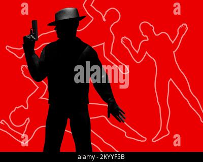 3d faire noir illustration de détective ombré posant avec un fusil et un chapeau sur fond rouge avec des silhouettes de la ligne de crime de la victime. Banque D'Images