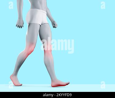 3d représenter l'illustration de la figure masculine avec la douleur du genou et des pieds mise en évidence sur fond bleu. Banque D'Images