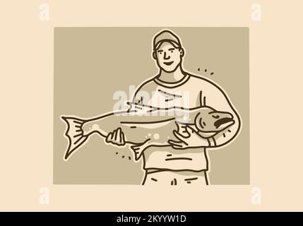 Vintage art illustration design d'un homme tenant un gros poisson Illustration de Vecteur