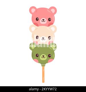 Dango dessert japonais sous forme d'ours isolé sur blanc. Dessert hanami Dango avec 3 couleurs rose, blanc et vert. Illustration de Vecteur