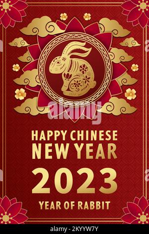 golden color chinois nouvel an 2023 sur fond rouge avec lapin Illustration de Vecteur