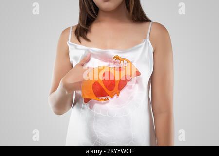 L'illustration du foie est sur le corps de la femme, sur fond gris, hépatite, concept avec soins de santé et médecine Banque D'Images