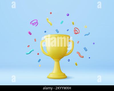 icône du gagnant 3d avec coupe dorée, étoiles du gagnant de l'or avec des objets flottant autour Illustration de Vecteur