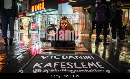 Izmir, Turquie. 02nd décembre 2022. Afalina, un groupe de défense des droits des animaux végétaliens, qui s'est réuni pour être une voix pour la liberté des animaux en captivité, a protesté contre l'esclavage des animaux avec la performance de la cage et a répondu aux questions de la foule curieuse sur le mode de vie des légumes. (Photo par Idil Toffolo/Pacific Press) crédit: Pacific Press Media production Corp./Alay Live News Banque D'Images