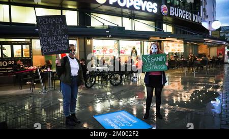 Izmir, Turquie, Turquie. 2nd décembre 2022. Afalina, un groupe de défense des droits des animaux végétaliens, qui s'est réuni pour être une voix pour la liberté des animaux en captivité, a protesté contre l'esclavage des animaux avec la performance de la cage et a répondu aux questions de la foule curieuse sur le mode de vie des légumes. (Credit image: © Dil Toffolo/Pacific Press via ZUMA Press Wire) Banque D'Images