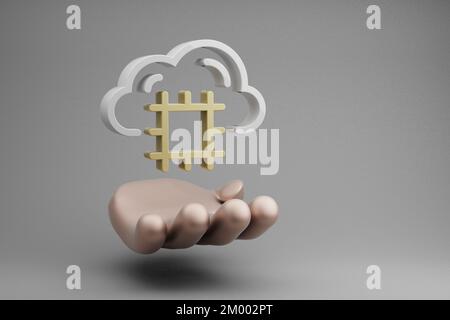 Belles illustrations abstraites Golden Hand tenant le symbole CPU du serveur Cloud sur fond gris. 3d illustration du rendu. Motif d'arrière-plan Banque D'Images