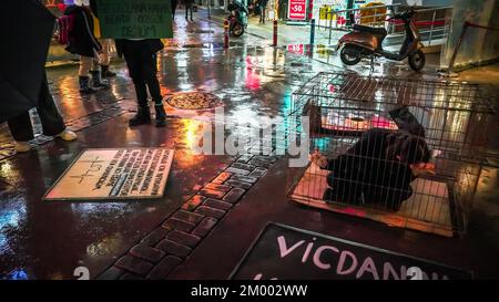 Izmir, Turquie, Turquie. 2nd décembre 2022. Afalina, un groupe de défense des droits des animaux végétaliens, qui s'est réuni pour être une voix pour la liberté des animaux en captivité, a protesté contre l'esclavage des animaux avec la performance de la cage et a répondu aux questions de la foule curieuse sur le mode de vie des légumes. (Credit image: © Dil Toffolo/Pacific Press via ZUMA Press Wire) Banque D'Images