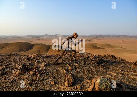Homme de pierre par l'artiste RENN à Skeleton Coast View point dans le désert de Namib, Lone Men, Kaokoland, région de Kunene, Namibie, Afrique Banque D'Images