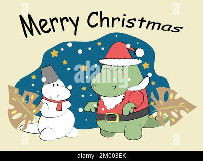 Un dinosaure du nouvel an avec bonhomme de neige vous félicite pour les vacances Illustration de Vecteur