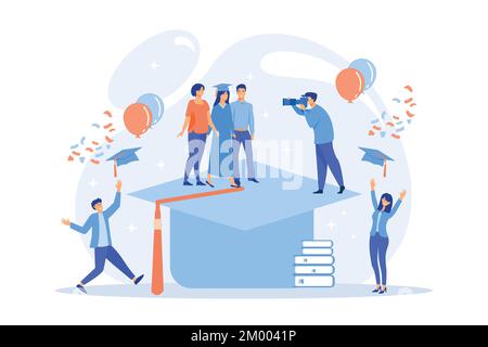 Obtention de diplôme. Parents fiers avec étudiant diplômé. Jour de la remise des diplômes, obtention d'un diplôme universitaire, annonces de remise des diplômes concept illustrateur de vecteur plat Illustration de Vecteur